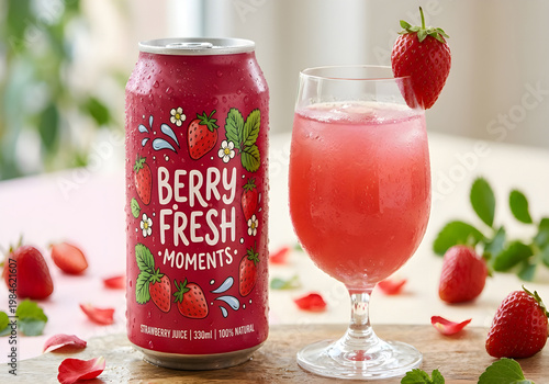 Strawberry juice drink in can and glass with fresh strawberries and leaves on wooden table