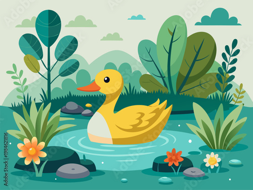Yellow duck floating peacefully in pond amid foliage