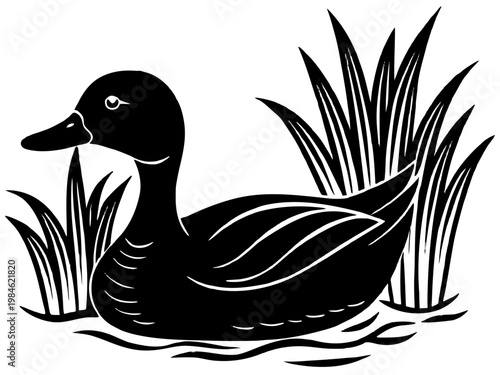 Duck resting in marsh grass with stylized black silhouette