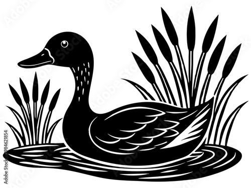Duck silhouette floating among reeds in pond illustration