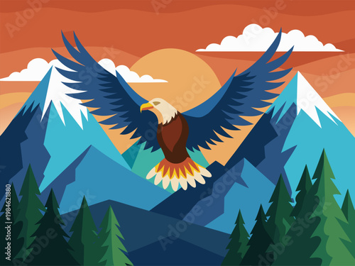Bald eagle soaring with wings spread over alpine mountains at sunrise