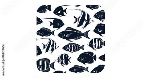 Seamless Pattern of Silhouettes of Tropical Fish on White Background