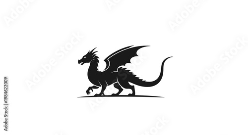 Silhouette of a fearsome dragon with wings spread, walking majestically on a white background