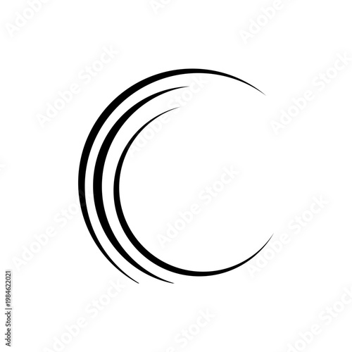 A minimalist abstract design featuring three dynamic black curved lines forming a partial circle or crescent shape on a clean white background, conveying motion and simplicity.