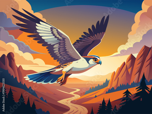Falcon soaring above canyon valley at sunset landscape illustration