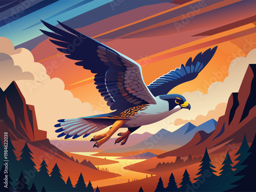 Raptor soaring above river valley at sunset landscape