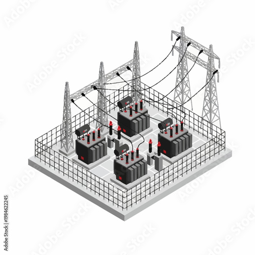 Electrical substation with transformers and power lines.