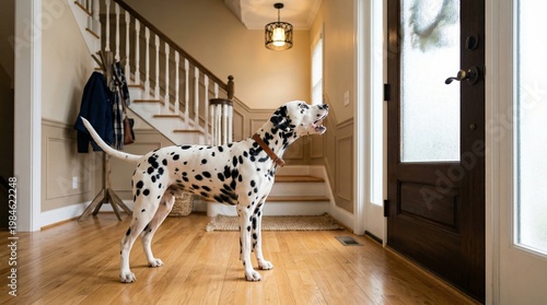 A Dalmatian barking near the front door in a house hallway for home security and domestic pet behavior articles.