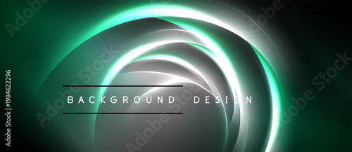 Abstract design features layered glowing circles. Dark background contrasts bright teal, silver hues. Text reads background design.