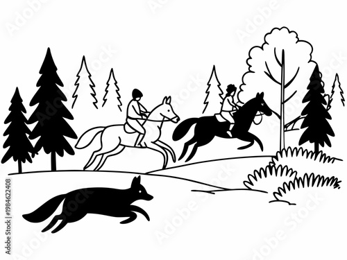 Two riders galloping horses while fox runs through forest
