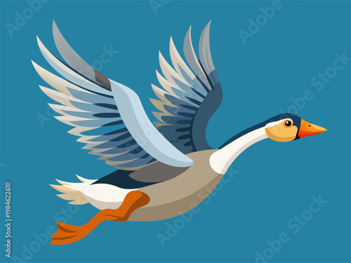 Goose flying with spread wings over blue background illustration