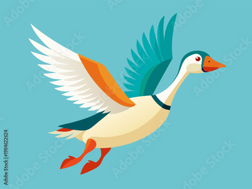 Goose flying with colorful wings over teal background illustration