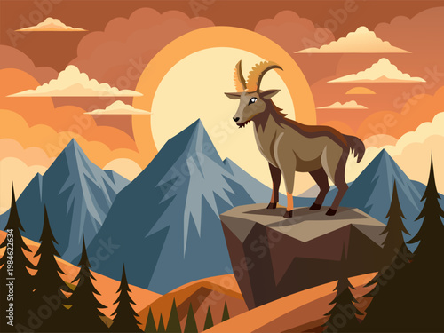 Mountain goat standing on ledge with rising sun over peaks
