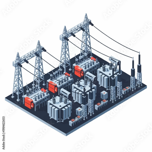 Electrical substation with transformers and power lines.