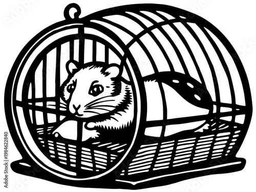 Hamster sitting inside round wire exercise wheel cage