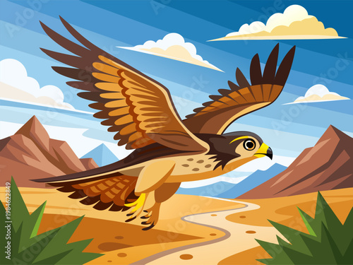 Falcon gliding over desert valley with distant mountains