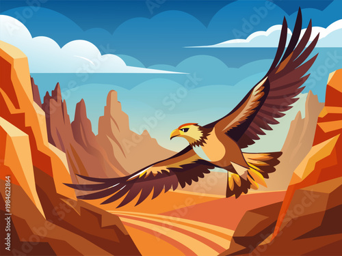Eagle soaring over canyon landscape with rock formations