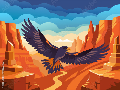 Eagle soaring over red canyon gorge at colorful sunset sky