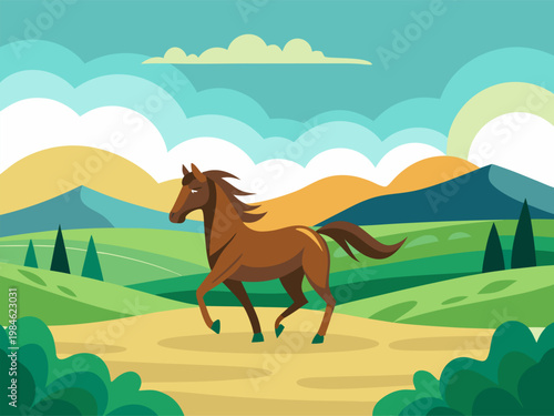Brown horse trotting across green rolling hills under sky