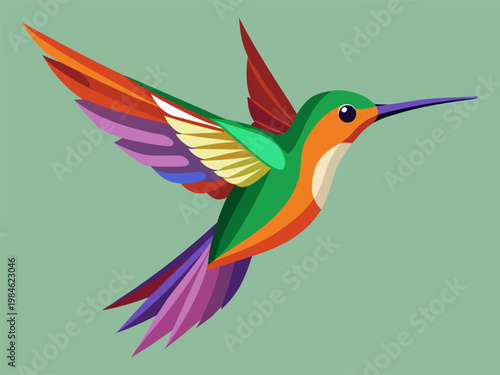 Colorful hummingbird hovering on muted green illustration background