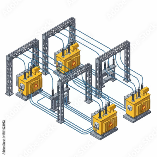 Electrical substation with transformers and power lines illustration.