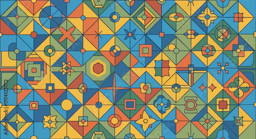 Colorful geometric tile mosaic pattern with vibrant tessellated shapes