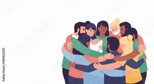Diverse group of people hugging closely together in a circle, vector illustration for unity and community concepts.