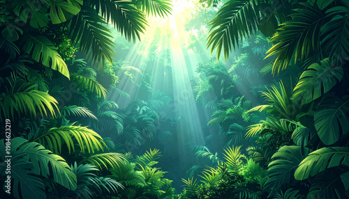 Soft heavenly rays over verdant basin and palm fronds. Immersive jungle interior conveying freshness abundance. Premium botanical visual for relaxation hospitality campaigns