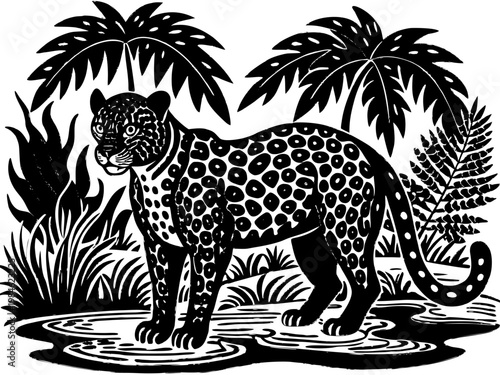 Leopard standing by water and palms in tropical swamp