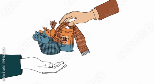 Autumn gift basket exchange vector illustration. Hands exchanging seasonal present with scarf, leaves, and coffee bag. Concept of sharing and gifting during fall season.