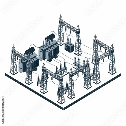 Electrical substation with transformers and power lines isometric view.