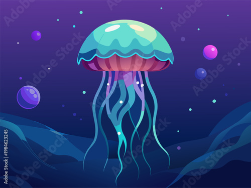 Jellyfish drifting with tentacles in deep sea scene