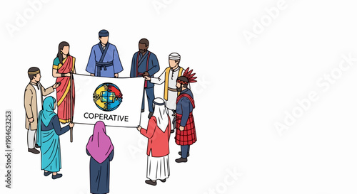 Diverse group of people holding cooperative banner, vector illustration for unity and teamwork concepts. for branding, packaging, banner, poster, website header, and social media design use