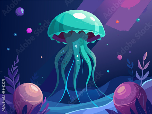 Jellyfish hovering over seabed with beams of light