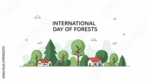 International Day of Forests vector illustration with green trees and houses. International Day of Forests celebrates nature and conservation efforts.