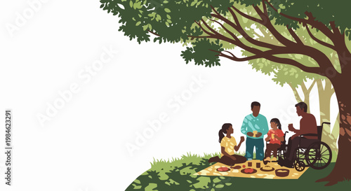 Family picnic under tree vector illustration, diverse people enjoying outdoor meal, father in wheelchair included, peaceful park gathering concept.