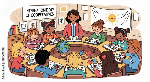 International Day of Cooperatives vector illustration with diverse children learning together around a table, fostering teamwork and community spirit for educational purposes.