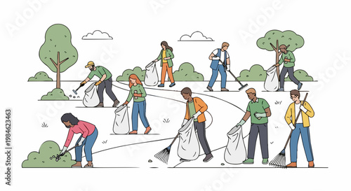 Community cleanup vector illustration showing diverse people collecting trash in park. Environmental awareness concept for eco friendly campaigns and volunteer work.