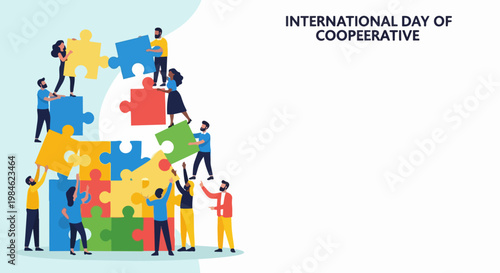International Day of Cooperative vector illustration showing diverse people assembling puzzle pieces together, symbolizing teamwork and unity for global collaboration.