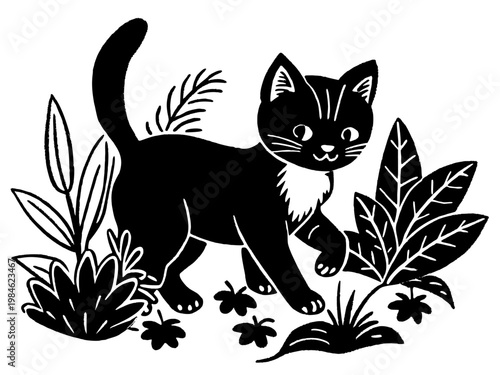 Black kitten walking among garden plants on white background