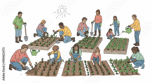 Community garden vector illustration showing diverse people planting vegetables and tending to crops in raised beds, promoting healthy living and teamwork.
