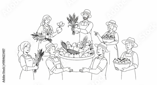 Farmers market vector illustration with people selling fresh produce and flowers, community gathering concept for agricultural promotion.