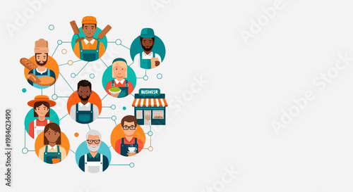 Diverse community network connection vector illustration with small business storefront. People connecting digitally for local commerce and collaboration.