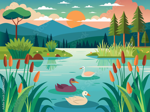 Ducks swimming on pond at sunrise in mountain meadow