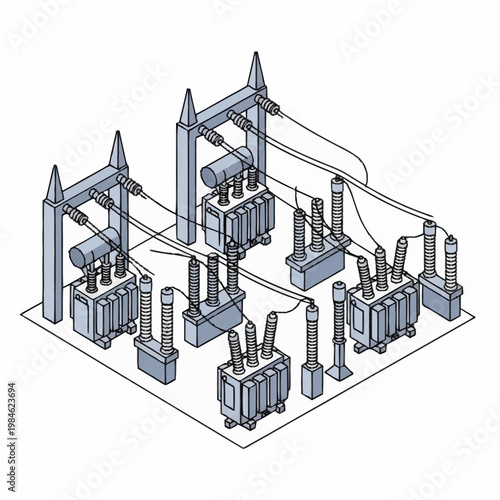 Electrical substation with transformers and power lines isometric view.