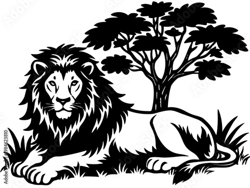Lion reclining by savannah tree graphic black and white