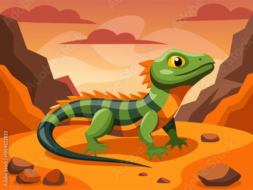 Green striped lizard standing on rocky desert landscape