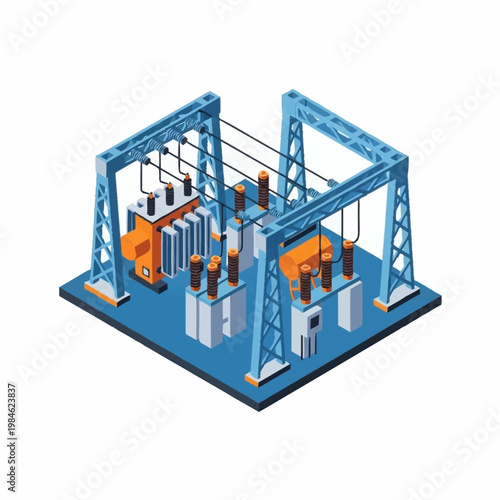 Electrical substation with transformers and power lines isometric view.