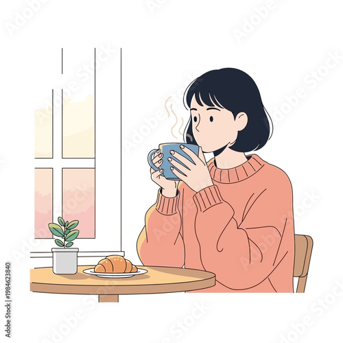 Woman drinking coffee and eating croissant