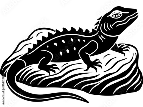 Stylized black lizard silhouette basking on textured rock